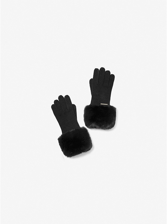 MK 539054 Faux Fur-Trim Knit Gloves BLACK