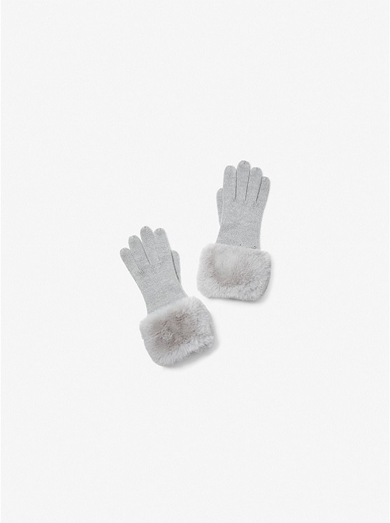 MK 539054 Faux Fur-Trim Knit Gloves PEARL GREY