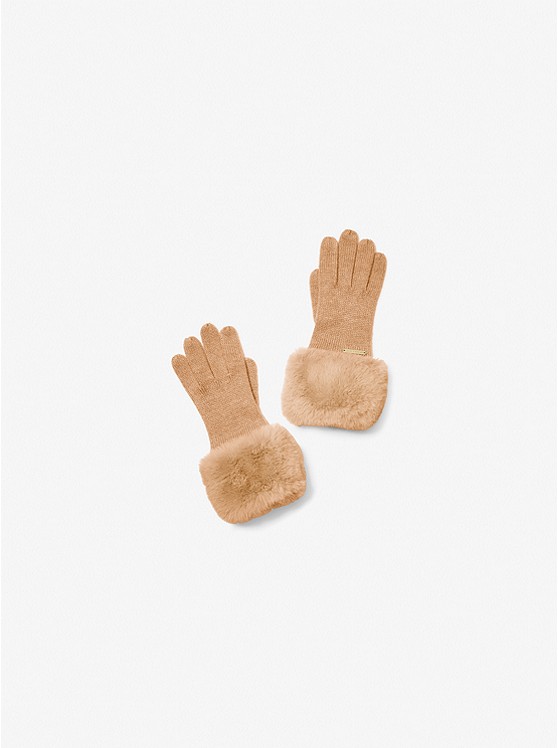 MK 539054 Faux Fur-Trim Knit Gloves DARK CAMEL