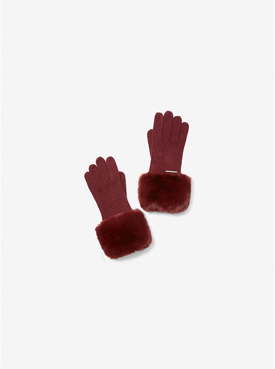 MK 539054 Faux Fur-Trim Knit Gloves MERLOT