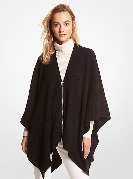 539269 - Ribbed Knit Zip-Front Poncho BLACK