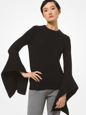 618AKS932 - Ribbed Cashmere Draped Sleeve Sweater BLACK