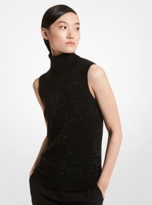 621RKT952 - Embellished Cashmere Sleeveless Turtleneck Sweater BLACK