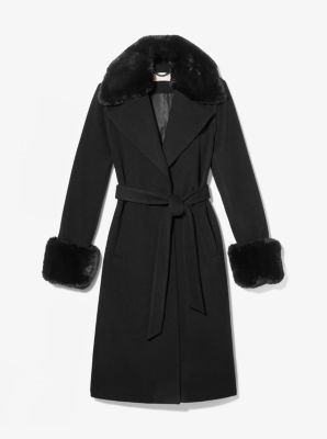 77B5012M11 - Faux Fur Trim Wool Wrap Coat BLACK