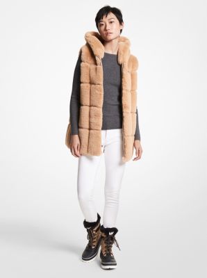 77F1153M52 - Quilted Faux Fur Hooded Vest CAMEL