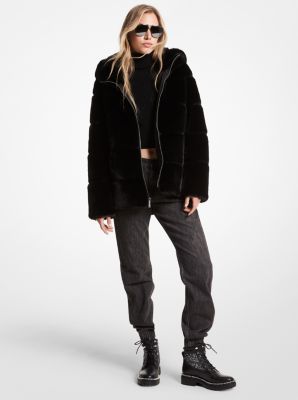 77F1175M52 - Quilted Faux Fur Hooded Coat BLACK