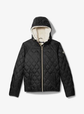 77F5250M82 - Faux Shearling Lined Quilted Nylon Puffer Jacket BLACK
