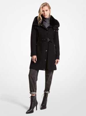 77F5347M12 - Faux Fur-Trimmed Wool Blend Coat BLACK