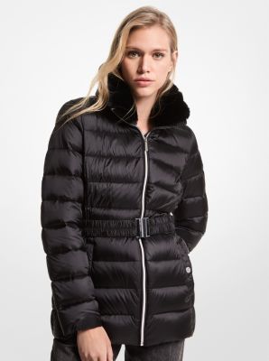 77F5453M82 - Faux Fur Trim Quilted Nylon Belted Puffer Coat BLACK