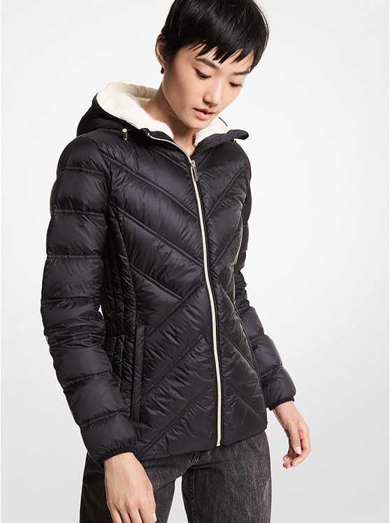 MK 77F5518M82 Faux Fur-Lined Quilted Nylon Packable Puffer Jacket BLACK