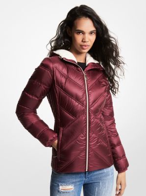 77F5518M82 - Faux Fur-Lined Quilted Nylon Packable Puffer Jacket DARK RUBY