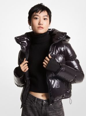 77F5543M82 - Quilted Patent Nylon Cropped Puffer Jacket BLACK