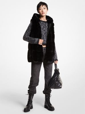 77Q1153M52 - Quilted Faux Fur Hooded Vest BLACK