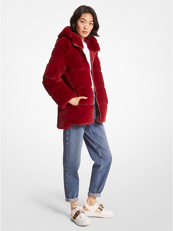 MK 77Q1175M52 Quilted Faux Fur Hooded Coat RED