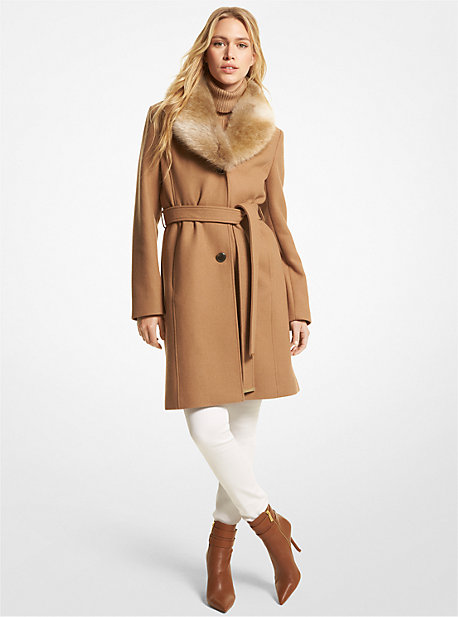 77Q5790M12 - Faux Fur-Collar Wool Blend Coat DARK CAMEL