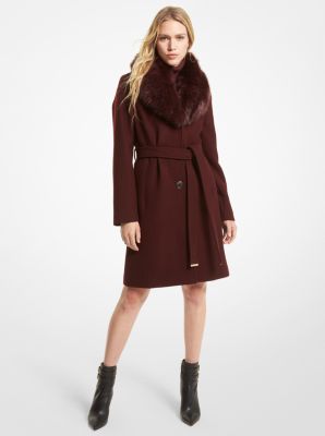 77Q5790M12 - Faux Fur-Collar Wool Blend Coat MERLOT