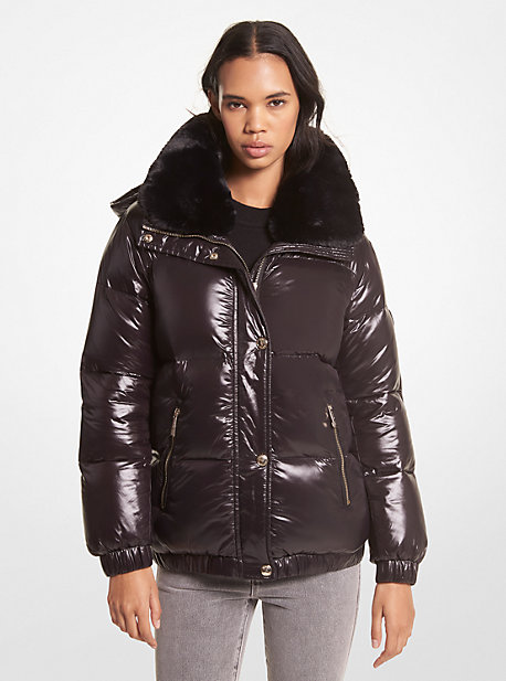 77Q5918M42 - Faux Fur-Trim Quilted Nylon Puffer Jacket BLACK