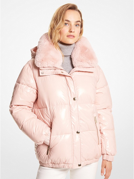 MK 77Q5918M42 Faux Fur-Trim Quilted Nylon Puffer Jacket ROSEWATER