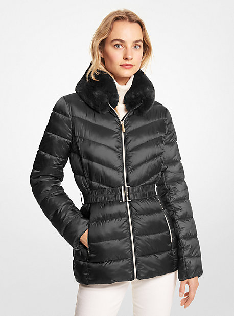 77Q5928M42 - Faux Fur Trim Quilted Nylon Packable Puffer Jacket BLACK