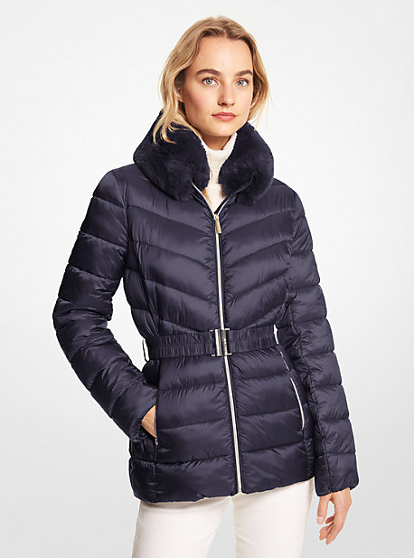 77Q5928M42 - Faux Fur Trim Quilted Nylon Packable Puffer Jacket NAVY