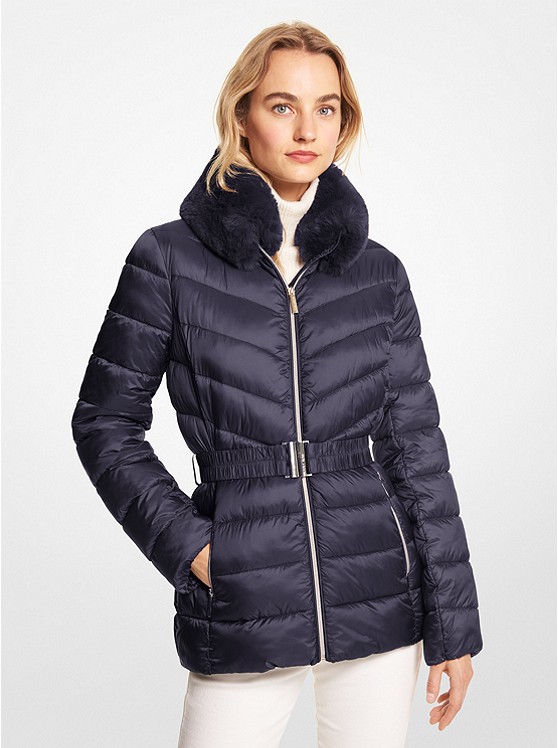 MK 77Q5928M42 Faux Fur Trim Quilted Nylon Packable Puffer Jacket NAVY