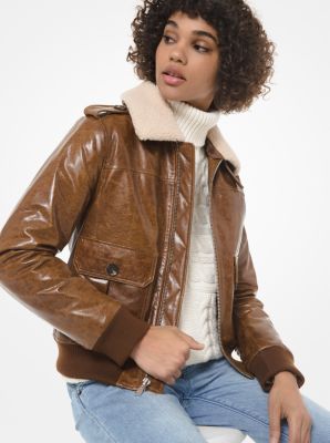 77T1028M62 - Faux Shearling-Collar Crinkled Leather Moto Jacket  COGNAC