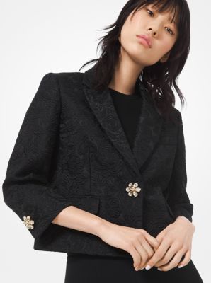 800PKM582A - Jeweled-Button Floral Matelassé Jacket BLACK