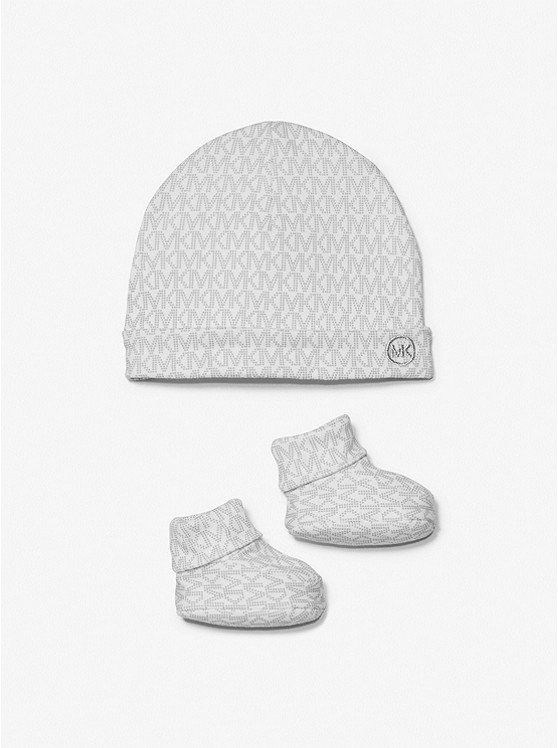 MK 98027 Logo Cotton Hat and Booties Baby Gift Set WHITE
