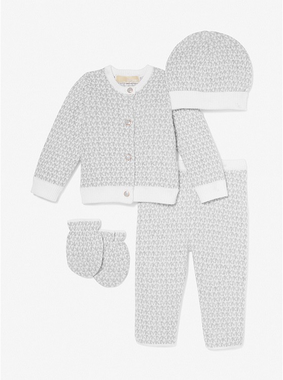 MK 98117 Logo Jacquard Cotton 4-Piece Baby Gift Set PALE GREY