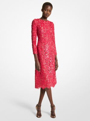 BD547F0106 - Hand-Embroidered Paillette Floral Lace Dress FUSCHIA