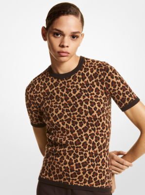 BK518Y0003 - Leopard Jacquard Cashmere Short-Sleeve Sweater CAMEL