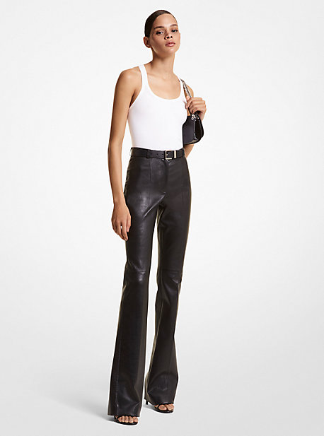 BP374F0082 - Yasmeen Plongé Leather Split-Cuff Belted Trousers BLACK