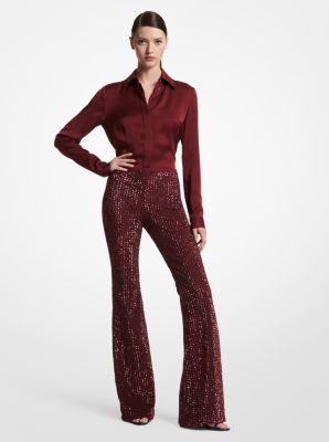 BP533F0027 - Hand-Embroidered Sequin Stretch Tulle Pants BURGUNDY