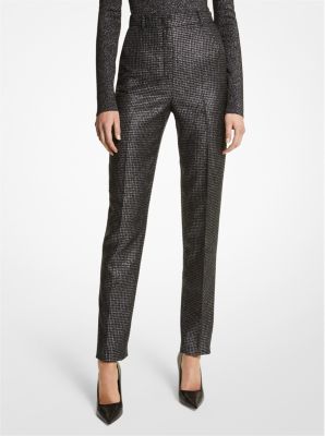 BP537F0114 - Metallic Dogtooth Wool Blend High-Waisted Trousers BLACK/SILVER