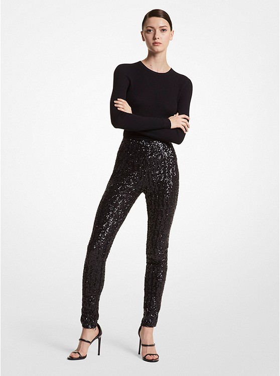 MK BP539F0058 Paillette Embroidered Stretch Jersey Zip Leggings BLACK