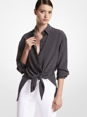 BW511F0130 - Striped Silk Crepe De Chine Tie-Front Shirt BLACK/WHITE