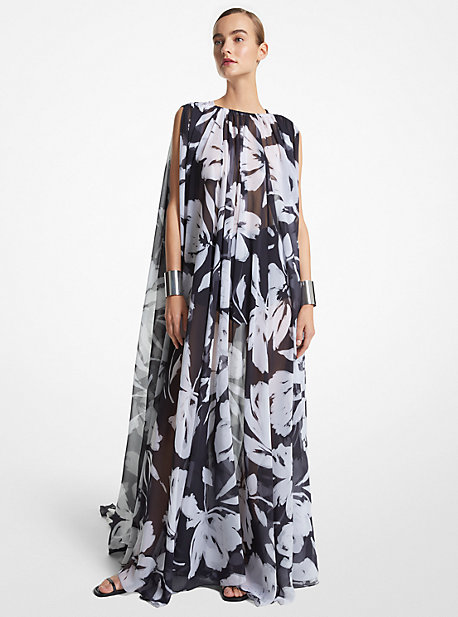 CDA8520215 - Brushstroke Floral Silk Chiffon Caftan Gown WHITE/BLACK