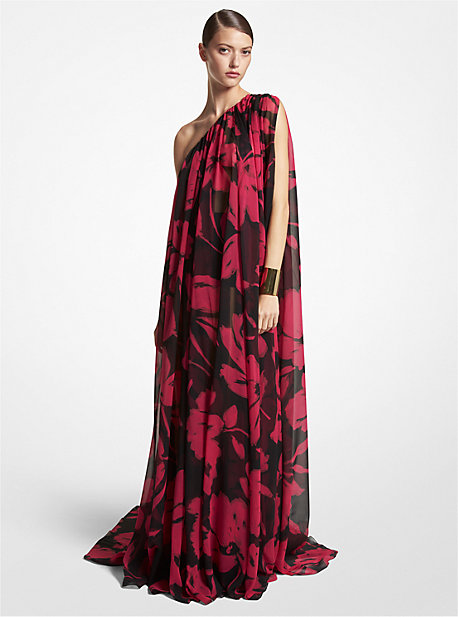 CDA8540215 - Brushstroke Floral Silk Chiffon One-Shoulder Caftan Gown FUSCHIA/BLACK