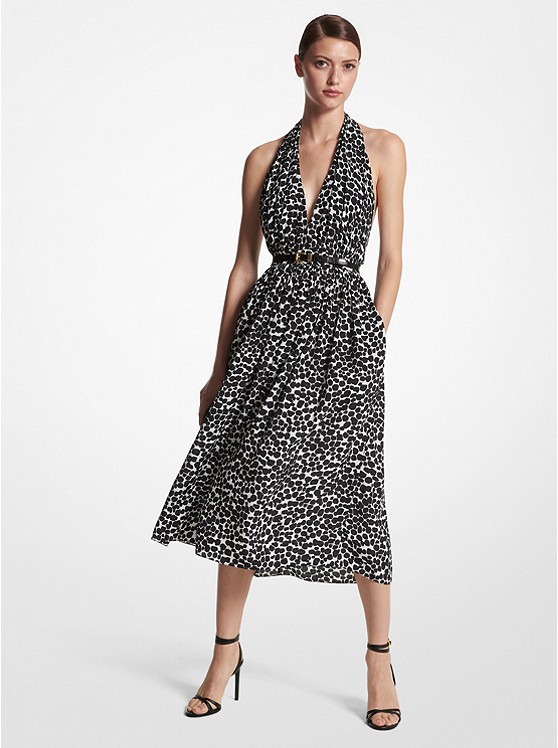 MK CDA8650227 Cheetah Print Organic Silk Crepe De Chine Halter Dress BLACK/WHITE