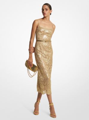 CDA9050202 - Metallic Floral Lace Slip Dress GOLD