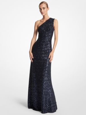CDB8950058 - Sequined Stretch Tulle One-Shoulder Gown NAVY