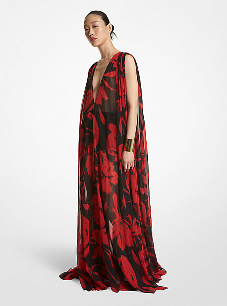 CDC8530215 - Brushstroke Floral Silk Chiffon V-Neck Caftan Gown POPPY/BLACK