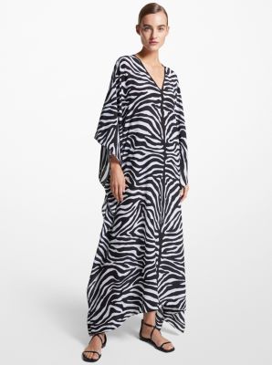 CDC8970220 - Zebra Silk Crepe De Chine Caftan Dress BLACK/OPTIC WHITE