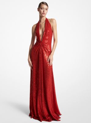 CDR8320024 - Hand-Embroidered Sequin Stretch Jersey Halter Gown POPPY