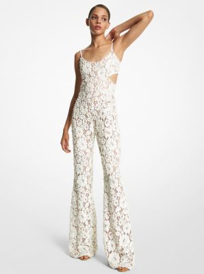 CDR8680106 - Hand-Embroidered Paillette Floral Lace Flared Jumpsuit OPTIC WHITE