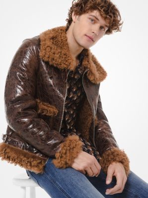 CF98CF57MP - Distressed Patent Leather Shearling Jacket LUGGAGE