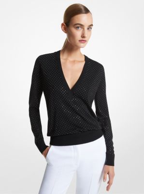 CKA7270008 - Studded Merino Wool V-Neck Sweater BLACK/SILVER