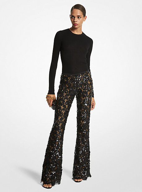 CPR7180106 - Hand-Embroidered Paillette Floral Lace Pants BLACK