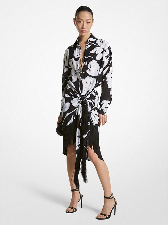 MK CSP7280216 Brushstroke Floral Silk Crepe De Chine Fringed Sarong Skirt WHITE/BLACK
