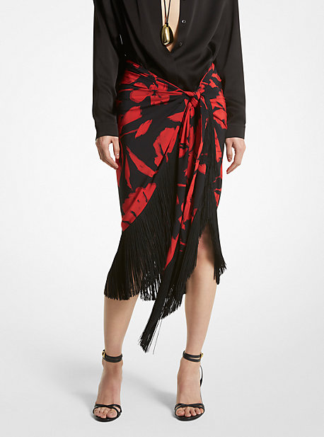 CSP7280224 - Brushstroke Floral Silk Crepe De Chine Fringed Sarong Skirt POPPY/BLACK